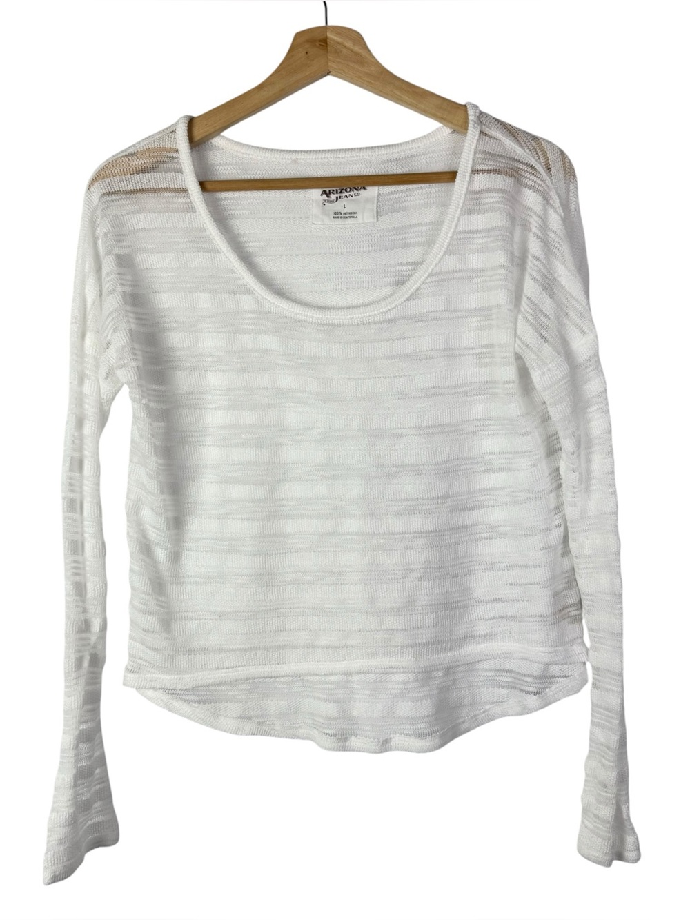 Arizona White Sheer Stripe Scoop Neck Long Sleeve T-Shirt L